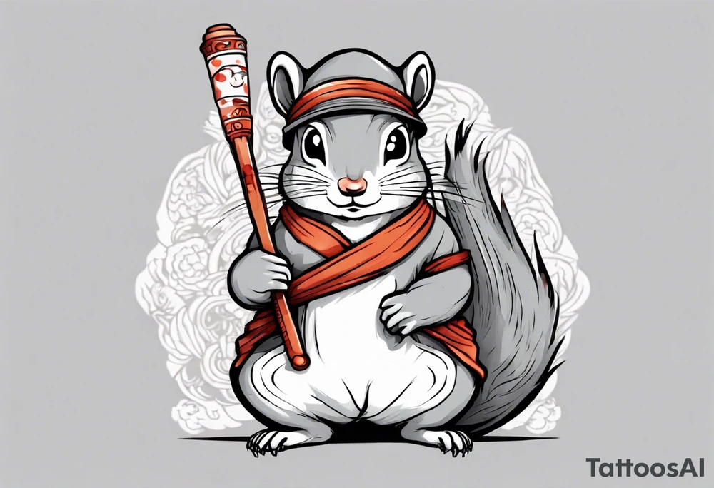 a sad grey squirrel dressed in a tunic holding a large white stick tattoo idea