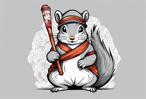 a sad grey squirrel dressed in a tunic holding a large white stick tattoo idea