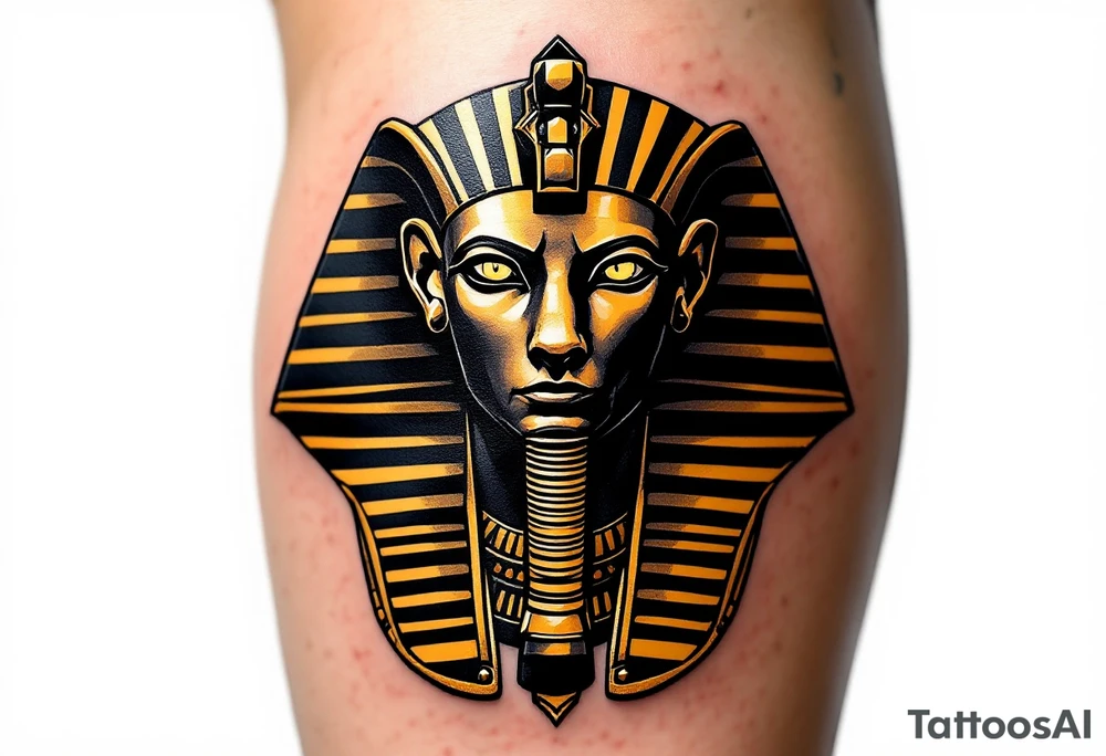 A powerful Sphinx head in solid black and bronze, with an intense gaze and massive headdress, inked across the upper arm as a symbol of strength and wisdom. tattoo idea