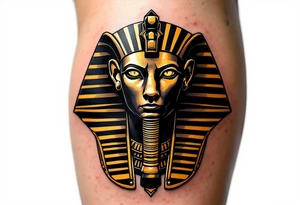 A powerful Sphinx head in solid black and bronze, with an intense gaze and massive headdress, inked across the upper arm as a symbol of strength and wisdom. tattoo idea