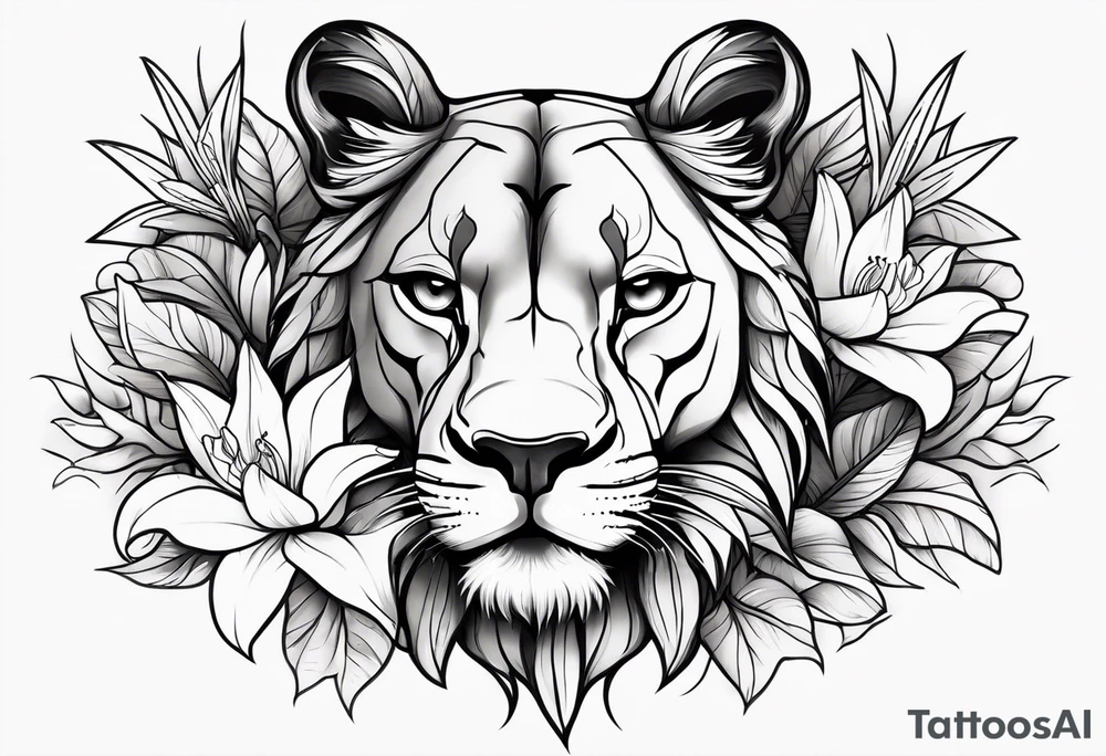 Tribal lioness with lilies tattoo idea