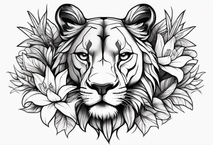 Tribal lioness with lilies tattoo idea