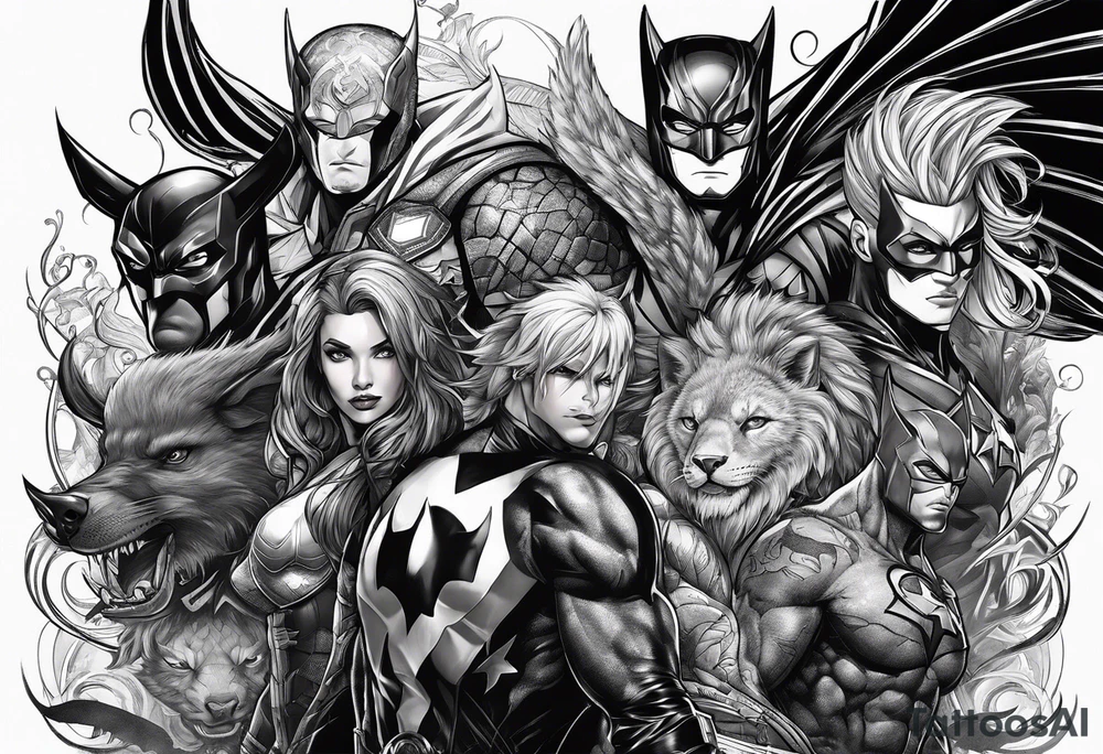 a super hero team which is combination of animals tattoo idea