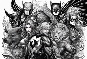 a super hero team which is combination of animals tattoo idea