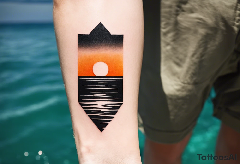 This is an extremely simple and minimalistic tattoo placed on male forearm. It is black and white with tiny splashes of orange from the sun. The tattoo is 4 inches wide by 2 inches tall. From the perspective of being on the ocean, the water is calm, with no waves in sight, the sun is setting behind the ocean, reflecting light onto the water. Most importantly, the tattoo is not in the shape of a circle. The water has shading. tattoo idea