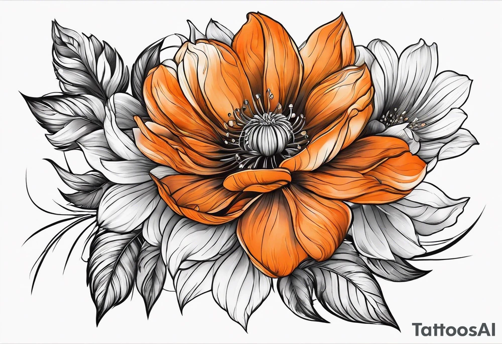 Arm sleeve with orange flowers tattoo idea