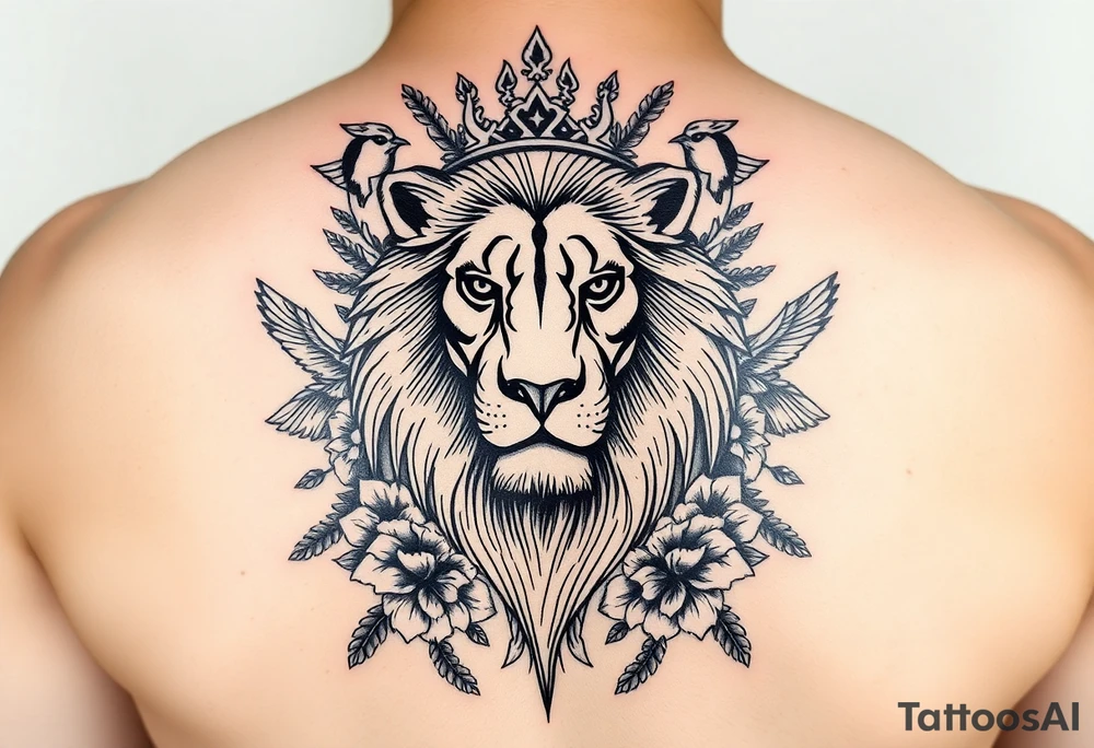 powerful majestic lion with a crown, surrounded by floral ornaments and birds tattoo idea