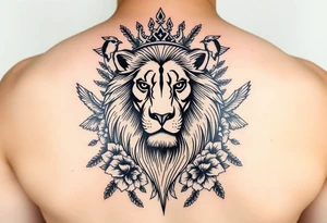 powerful majestic lion with a crown, surrounded by floral ornaments and birds tattoo idea