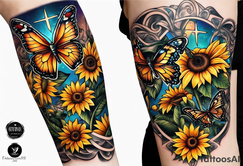 Arm sleeve with Winged cross with sunflower and butterflies tattoo idea