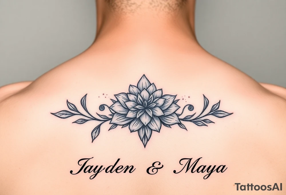 January December july birth Flower infinity sign and the names Jayden and Maya tattoo idea