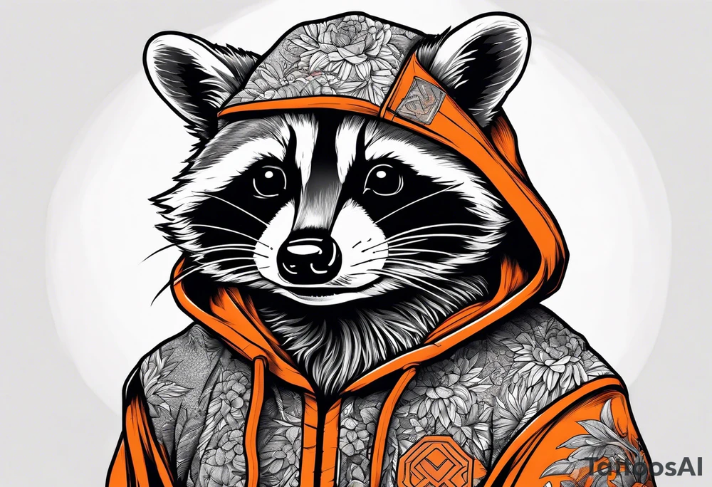 Raccoon wearing an orange Superman hoodie tattoo idea