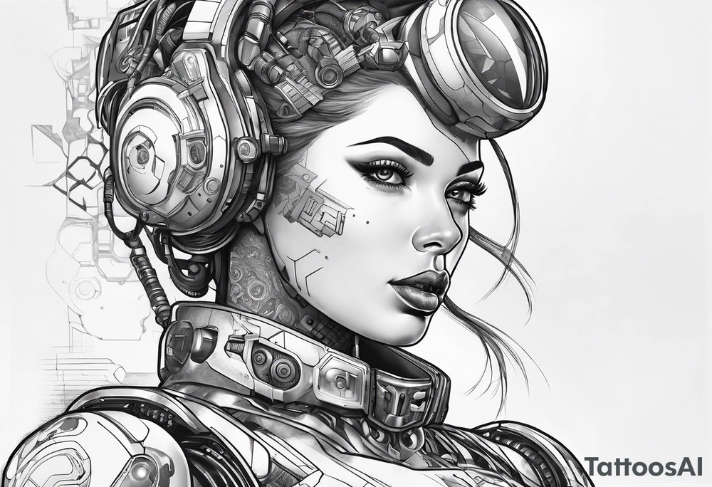 cyborg full bopdy female pinup retro futurism, robot with human parts tattoo idea