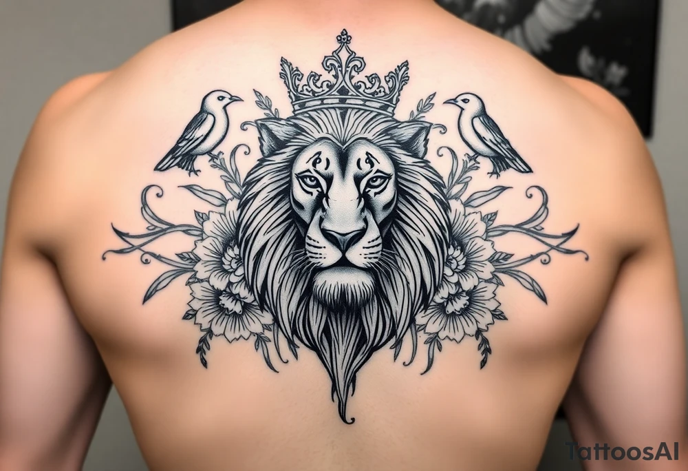 powerful majestic lion with a crown, surrounded by floral ornaments and birds tattoo idea