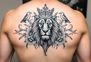powerful majestic lion with a crown, surrounded by floral ornaments and birds tattoo idea