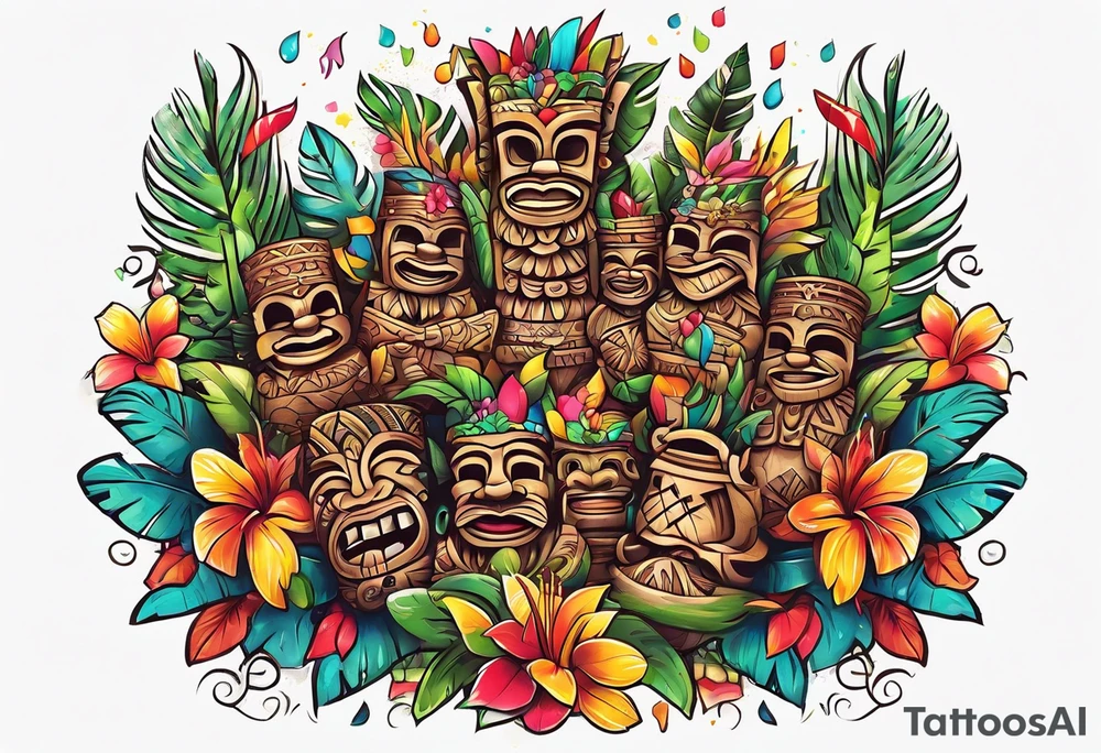 tiki party with dancing tiki guys and sexy tiki girls with music notes and confetti tattoo idea