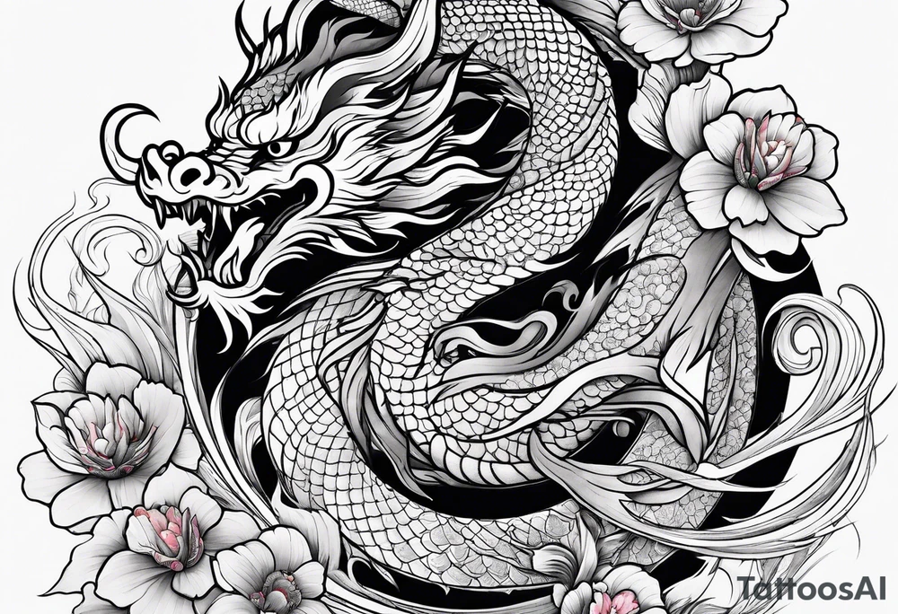 Chinese dragon, koi, floral, black, shoulder tattoo idea