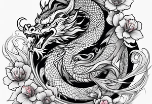 Chinese dragon, koi, floral, black, shoulder tattoo idea