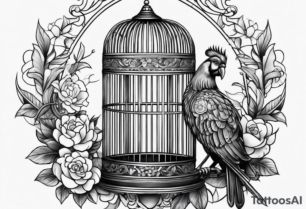 neo traditional decoration only on the left side, on the top of a long bird cage with a too big bird in it. tattoo idea
