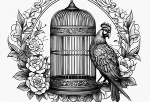 neo traditional decoration only on the left side, on the top of a long bird cage with a too big bird in it. tattoo idea