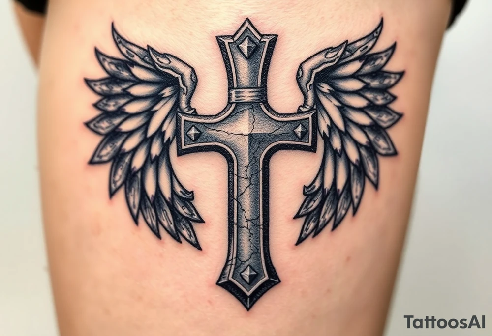 A metal cross with scratches and dents, with warrior-like armored wings in steel gray tattoo idea