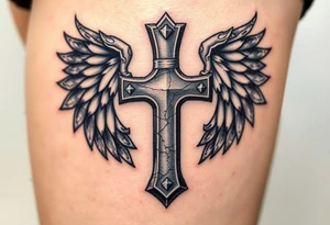 A metal cross with scratches and dents, with warrior-like armored wings in steel gray tattoo idea