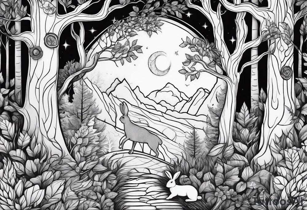 Dense forest with a rabbit between the trees tattoo idea