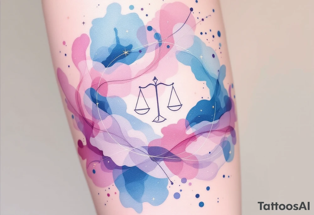 Flowing watercolor splashes in pink, blue, and lavender wrap around a white-ink Libra constellation. tattoo idea