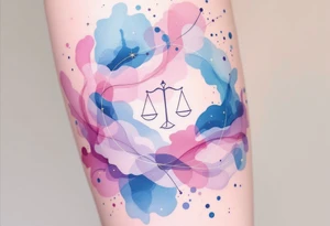 Flowing watercolor splashes in pink, blue, and lavender wrap around a white-ink Libra constellation. tattoo idea