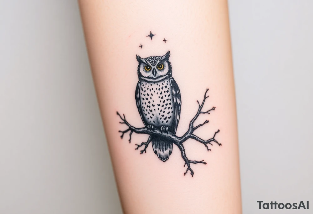 wise owl perched on ancient oak branch under starlit sky tattoo idea