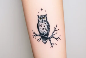 wise owl perched on ancient oak branch under starlit sky tattoo idea