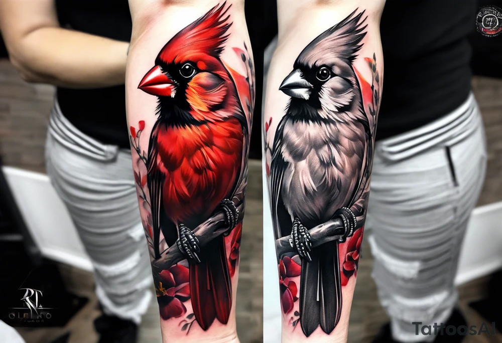 Black and grey side forearm cardinal tattoo idea