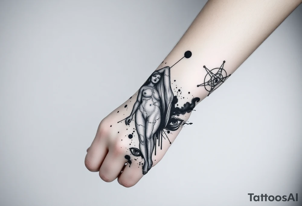Vertical forearm tattoo design, tall and narrow composition fitting the shape of the forearm, dark surrealism and mythological symbolism. Statue-like fragmented humanoid figure with broken marble texture, distorted or incomplete anatomy, partially dissolving into black ink splashes, smoke, and thin geometric lines. Surrounded by sacred geometry circles, occult and alchemical symbols, surreal dripping eyes, and abstract fragments. Fine line tattoo style mixed with etching and engraving texture, high contrast, clean outlines, minimal background. Designed for forearm placement and easy extension into a full sleeve. No bodybuilding aesthetic, no fitness-style anatomy — focus on surreal atmosphere, mysterious symbolism, and artistic detail. tattoo idea