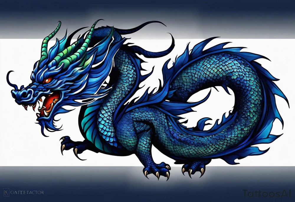 An epic floating asian dragon. Its long body coiling dynamically, with scales and horns detailed to create a sense of movement and strength. The dragon's main color is midnight blue, giving a vibrant depth and a mystical aura. This tattoo highlights the dragon’s fierce expression and sharp claws. tattoo idea