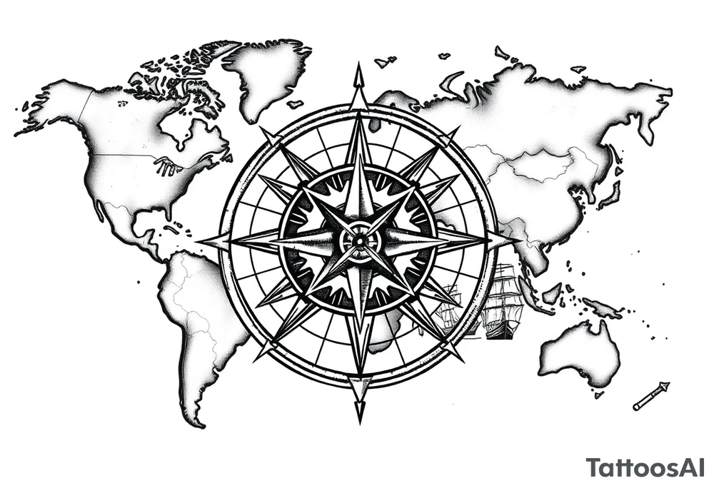 antique compass rose overlaid on weathered world map with sailing ships tattoo idea