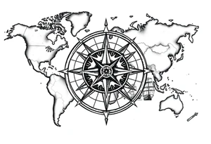 antique compass rose overlaid on weathered world map with sailing ships tattoo idea