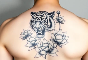 fierce tiger emerging through blooming lotus flowers in mist tattoo idea