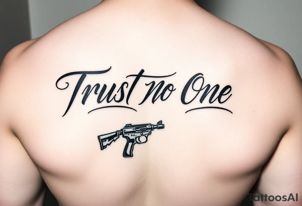 Trust No One in calligraphy writing
With a small gun below it tattoo idea