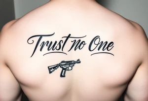 Trust No One in calligraphy writing
With a small gun below it tattoo idea