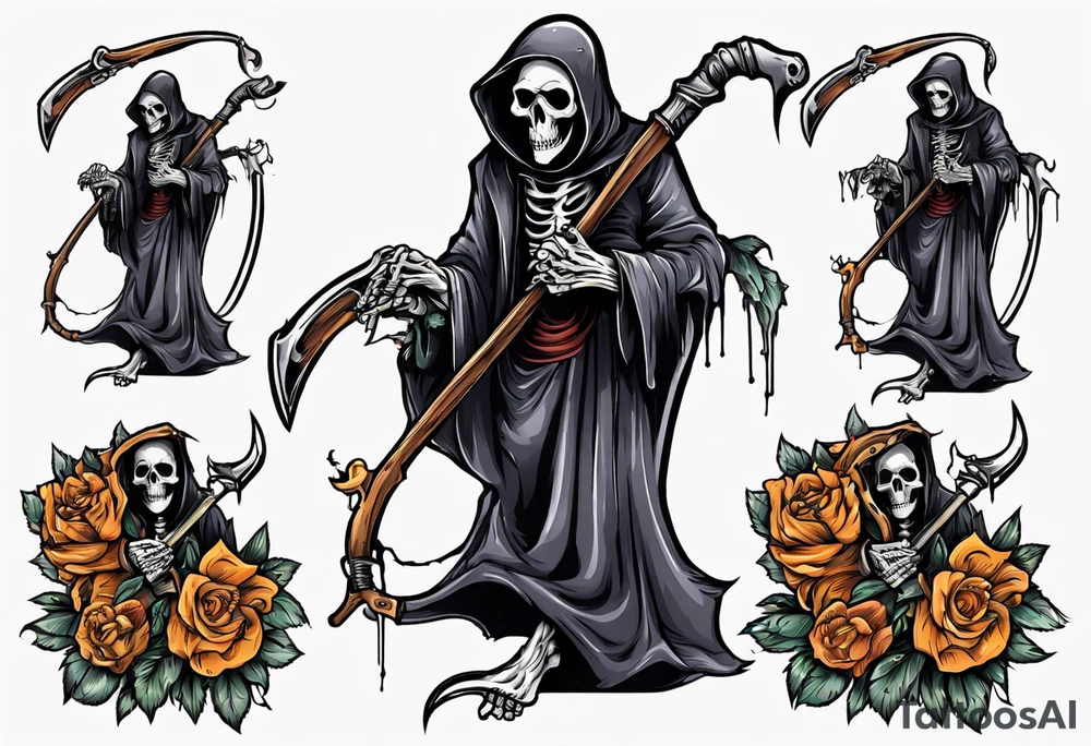 grim reaper holding scythe, flowers tattoo idea