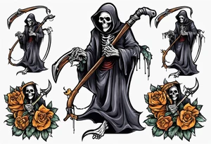 grim reaper holding scythe, flowers tattoo idea