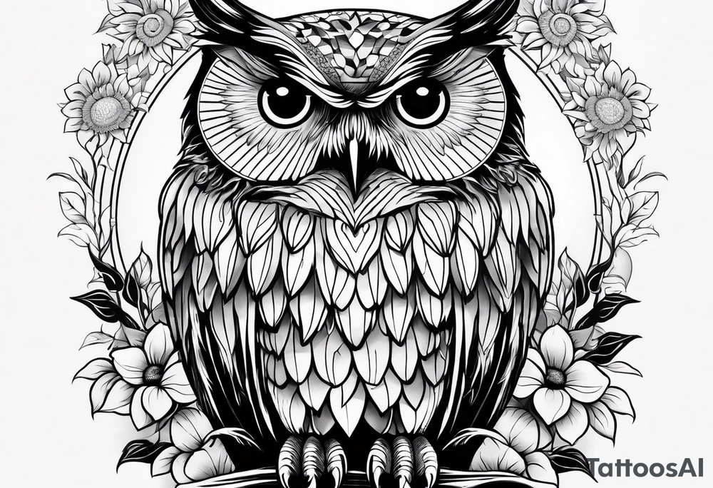 Black and white owl with sunflowers leg sleeve tattoo idea