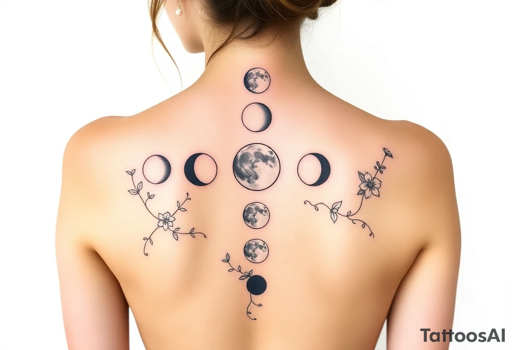 new moon, waxing crescent, first quarter, waxing gibbous, full moon, waning gibbous, third quarter, and waning crescent detailed down the spine with vines and different flowers along the sides of each phase shading and color tattoo idea