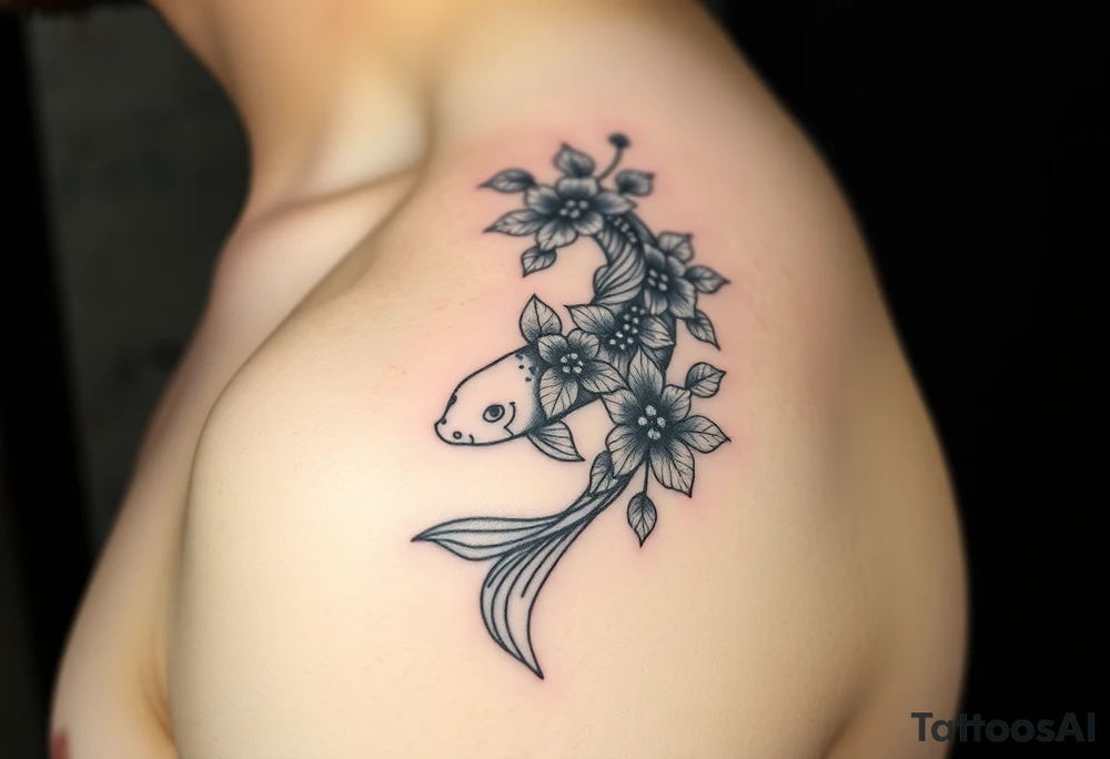 I want the tattoo starting at my collar bone, and I want it to go down my arm, but doesn’t go past my elbow. I want my middle name, Sané” on my collarbone area and I want the red and black koi fish too on my shoulder area. And I want flowers that represent healing, happiness, and peace and purity. tattoo idea