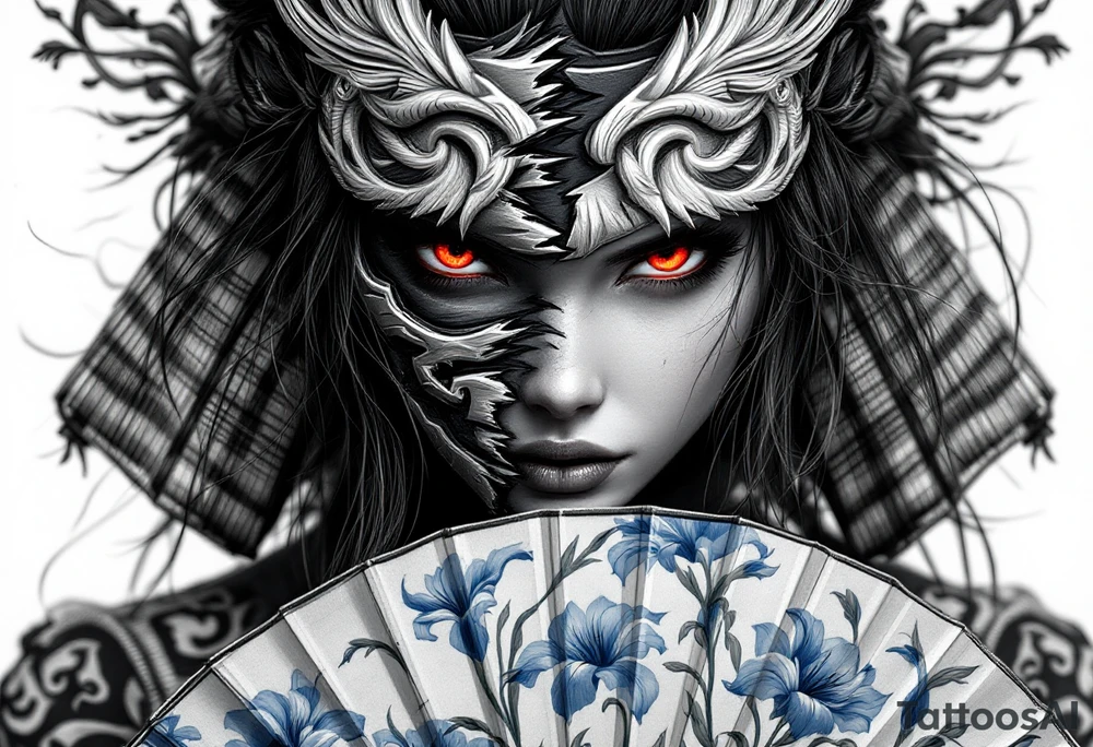 Woman samurai with red eyes wearing an half and broken kitsune mask, holding a japanese fan with blue Iris flowers tattoo idea