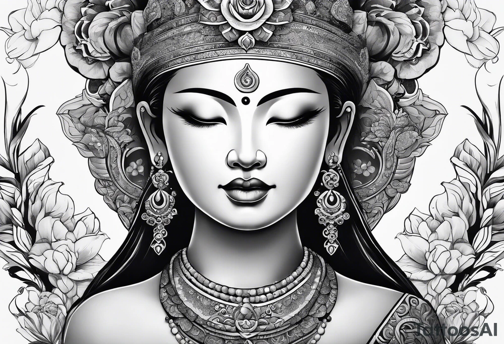Hippy Buddhist feminine large tattoo idea