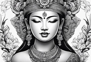 Hippy Buddhist feminine large tattoo idea