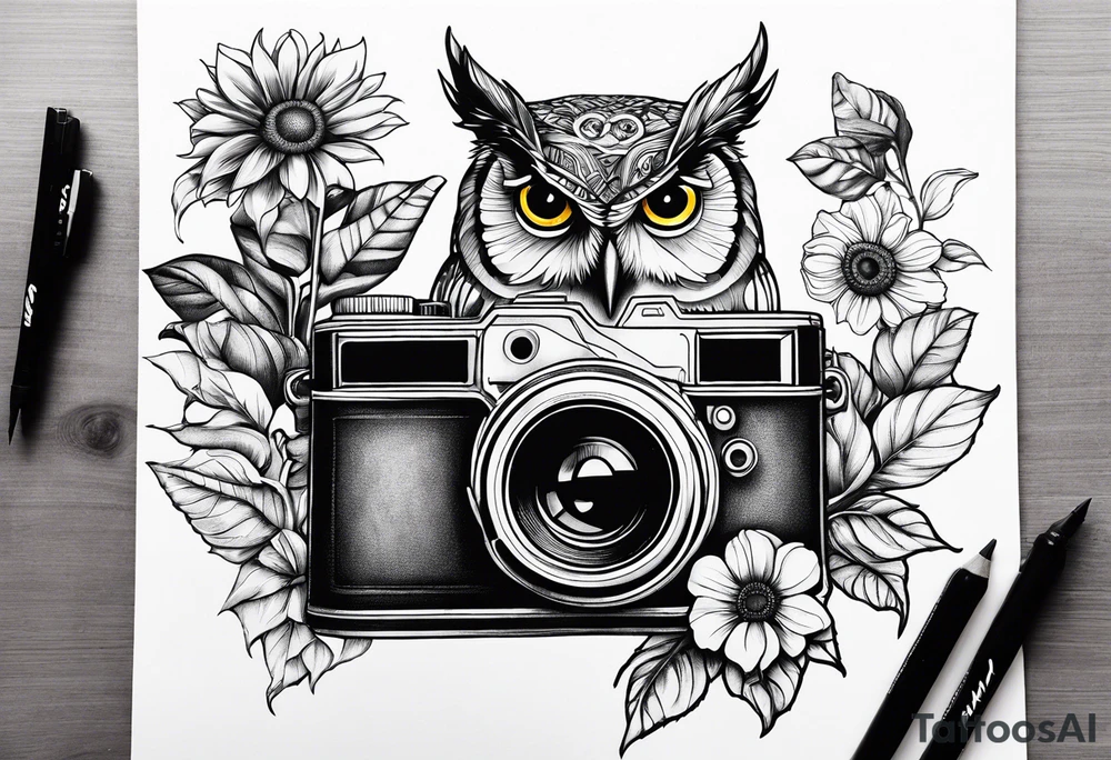Sunflower, camera, book, owl, flower rose tattoo idea