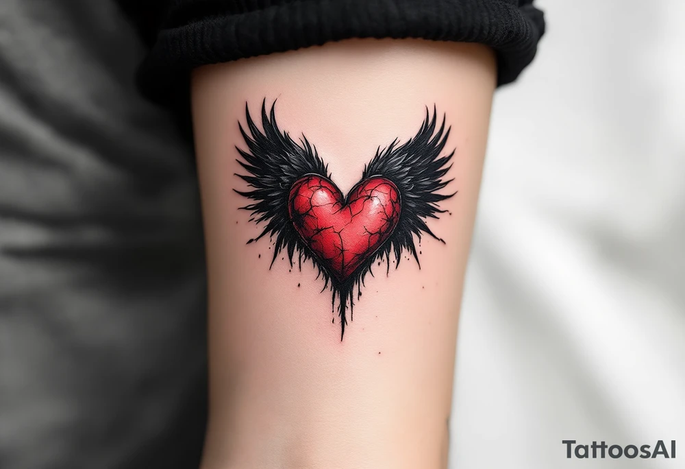 Grunge Heart with Raven Wings – A dark, distressed heart in deep crimson with jet black raven wings that appear to have been scorched, symbolizing passionate yet turbulent love. tattoo idea