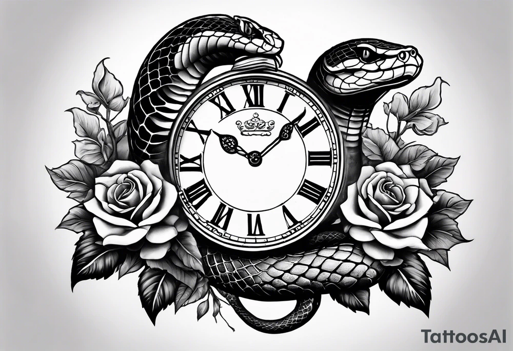 King cobra wrapped around an old broken watch clock with dead roses all around in the background tattoo idea
