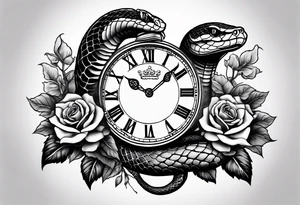 King cobra wrapped around an old broken watch clock with dead roses all around in the background tattoo idea
